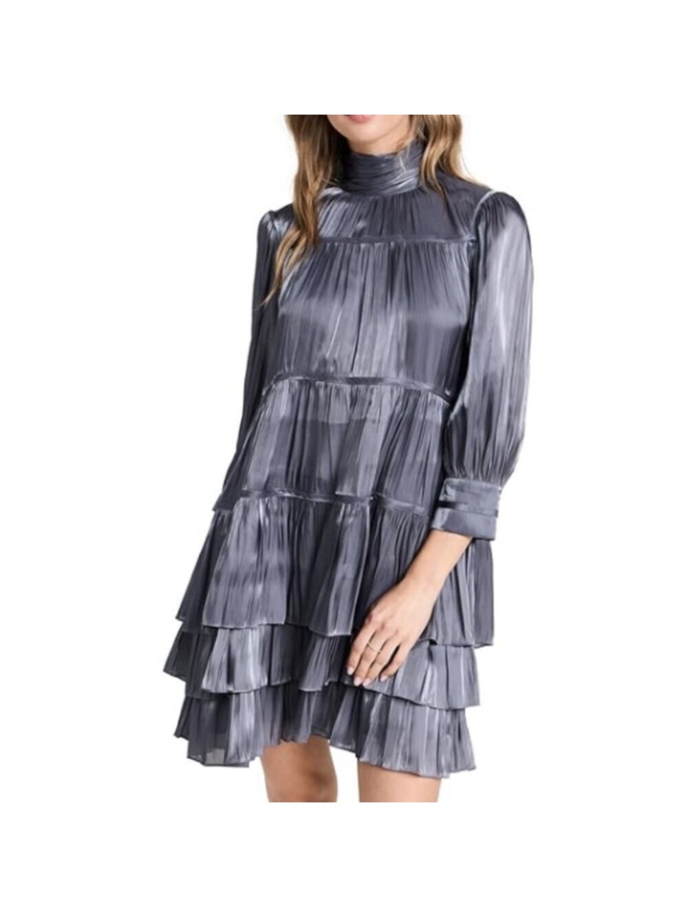 cinq a sept Shimmer Tiered Pleated Mini Dress in Silver